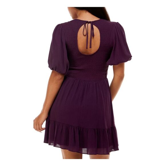 NWT B DARLIN Womens Purple Tie Back Lined Pouf Sleeve Short Dress 1\2 - Picture 2 of 5